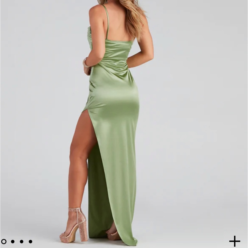 Long, high slit, satin green dress